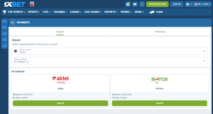 1xBet Payment Methods M-Pesa and Airtel Money Screenshot